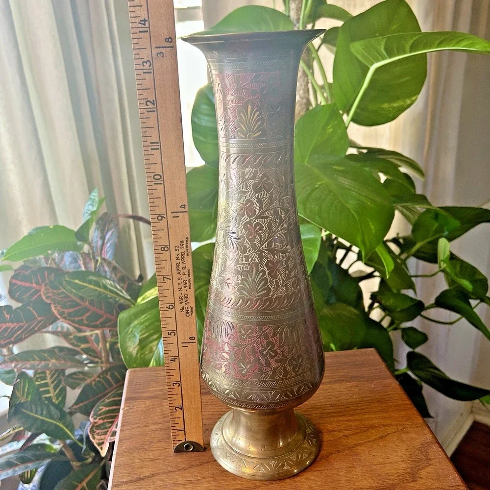 VTG Etched 14 inch Indian Brass Vase Colored Inlay Botanical Pattern Boho MCM